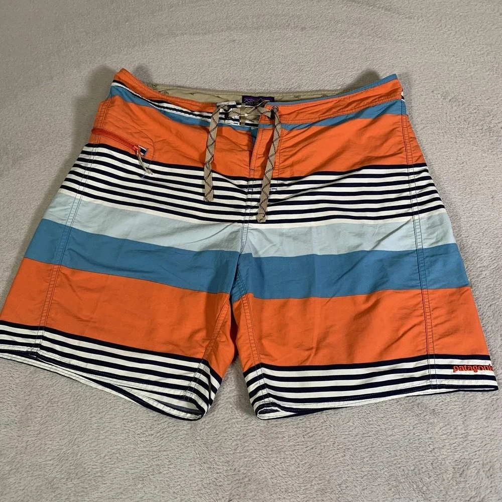 Patagonia Board Shorts Mens 36 Blue Orange Striped Swim‎ Trunks Quick Dry Surf